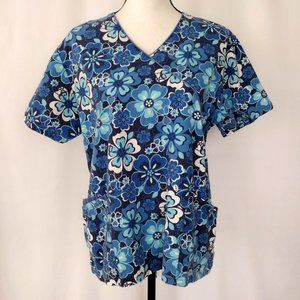 Comfy Cotton Blue Floral Drawstring Waist Scrub Top